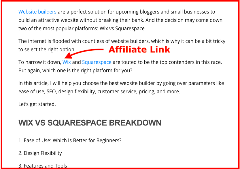 affiliate links within the blog 