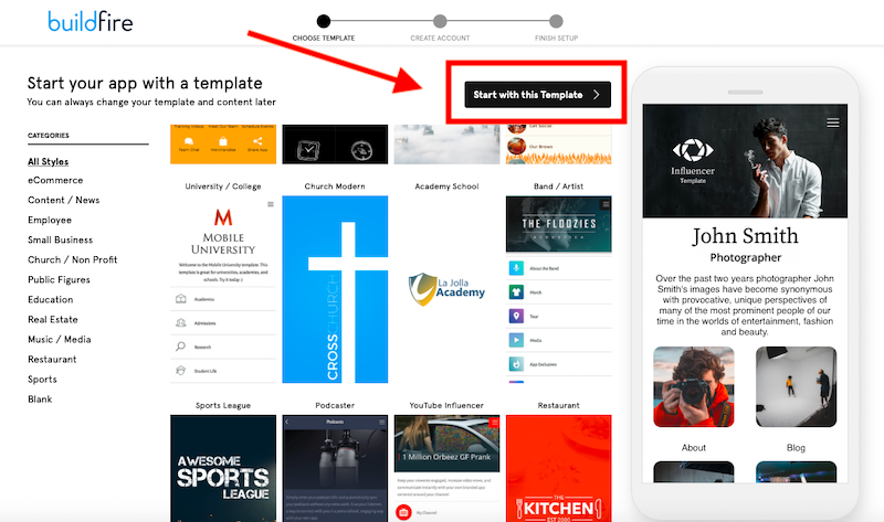 Buildfire app "Start with this template"