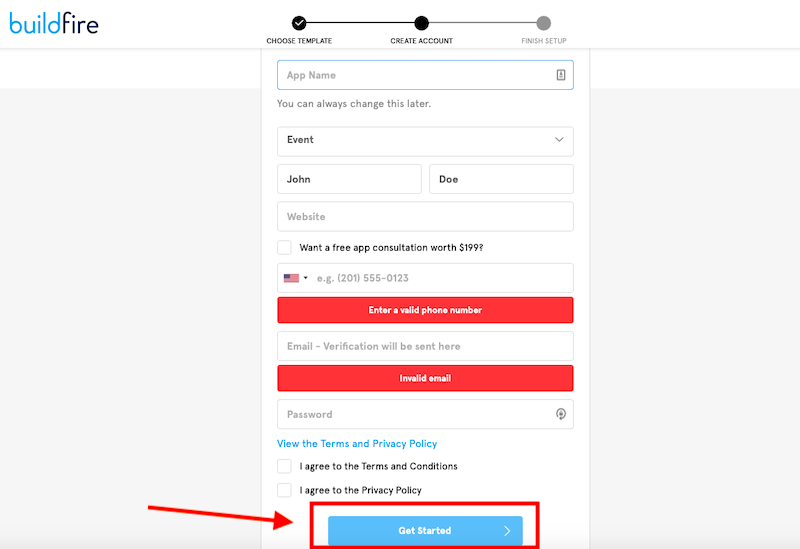 Buildfire app "Get Started" button