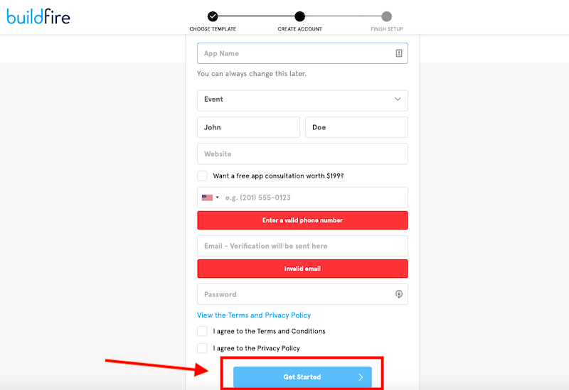 Buildfire app "Get Started" button 